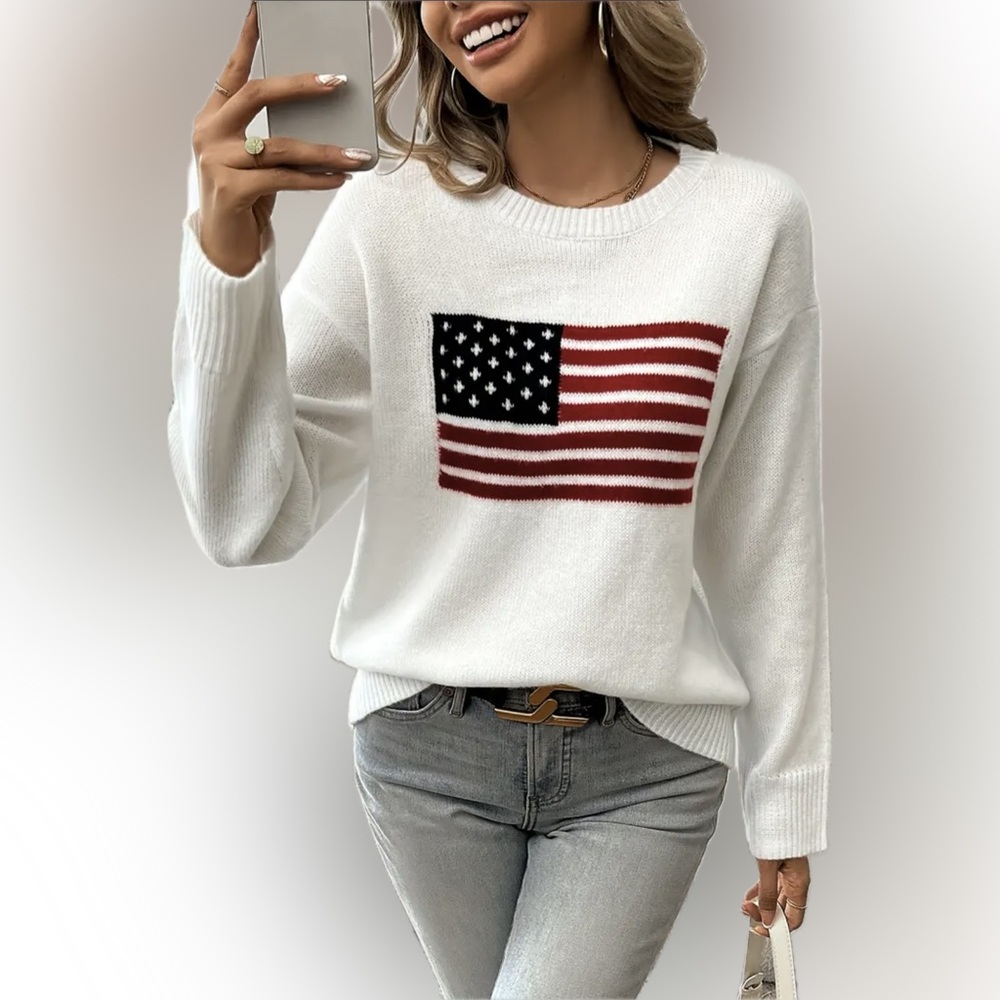 Womens American Flag Comfy Oversized Soft Pullover Knit Sweater Warm Cozy USA